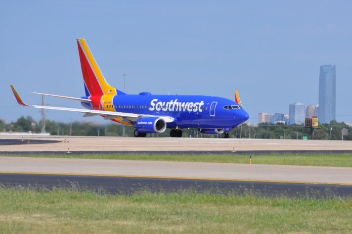 Southwest Airlines new livery with downtown OKC skyline in background