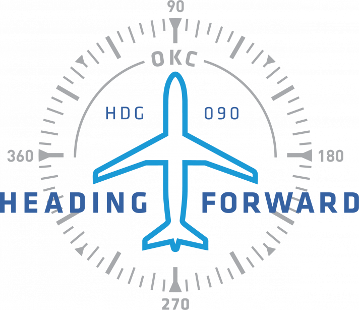 Heading Forward Terminal Expansion Project Logo, Airplane inside of compass with heading of 90 degrees for east
